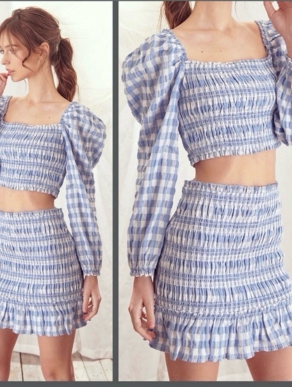 The Impeccable Pig Light Blue Gingham Smocked Mini Skirt